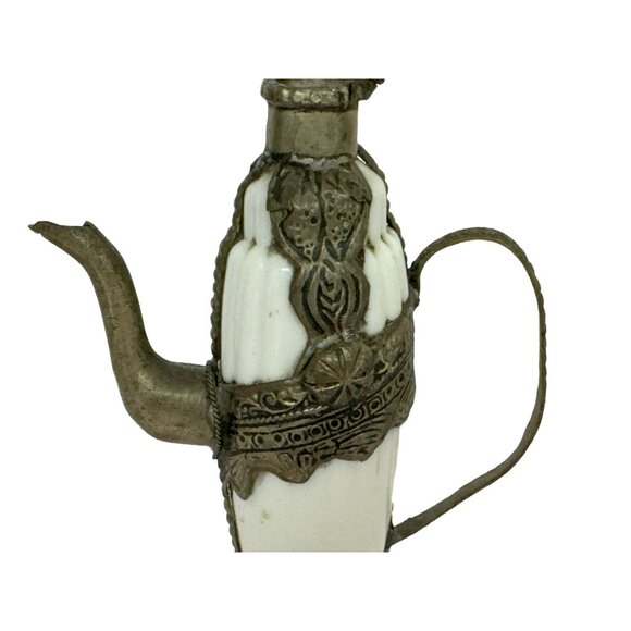 Vtg Middle Eastern White Fluted Ceramic Pot Metal Handle Lid Ornate Brass - Picture 2 of 9